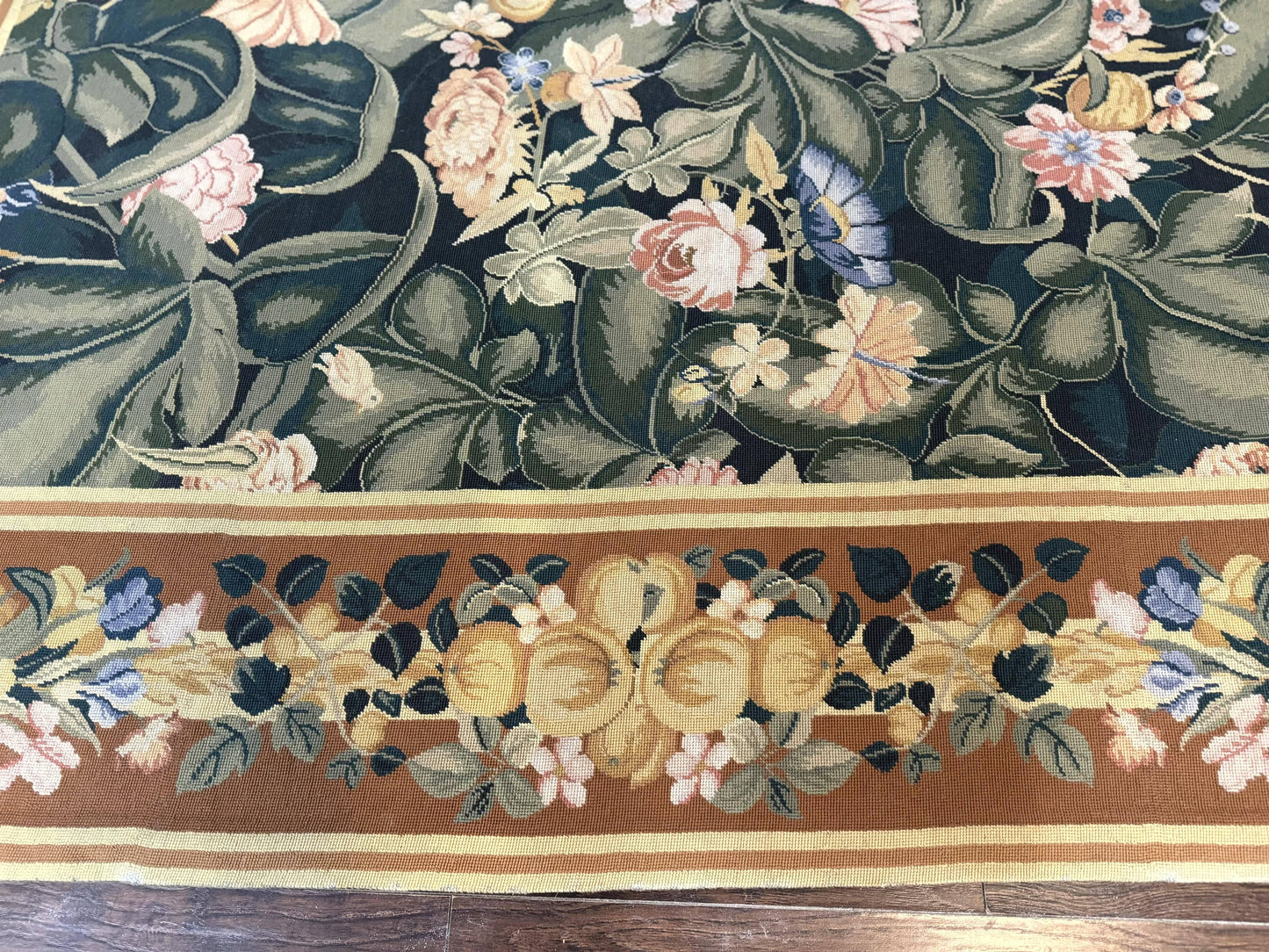 Needlepoint Rug 8x10, Vintage, Handmade, Wool, Green, Leaves & Fruits