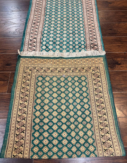 Long Pakistani Runner Rug 2.8 x 20, Hand Knotted Vintage Wool Hallway Rug, Turkoman Rug, Teal and Tan, Handmade Vintage Wool Runner