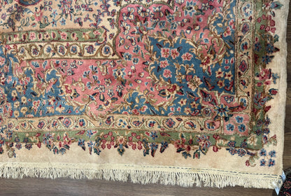 Palace Size Persian Kerman Rug 11x20 ft, Very Fine 340 KPSI, Vintage Oversized Wool Handmade Large Persian Carpet, Beige Light Blue Pink
