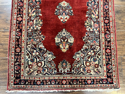 Persian Sarouk Runner Rug 2.7 x 6, Semi Open Field, Red, Handmade Hand Knotted, Wool Oriental Carpet, Vintage Semi Antique
