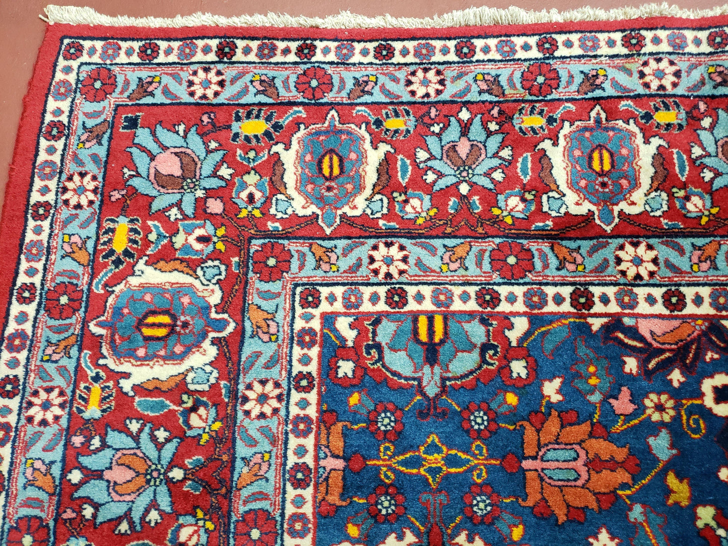 Rare Antique Persian Veramin Carpet, Mina-Khani Pattern, Blue, Red, Ivory, 7x11 ft, Hand-Knotted, Wool