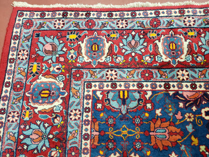 Rare Antique Persian Veramin Carpet, Mina-Khani Pattern, Blue, Red, Ivory, 7x11 ft, Hand-Knotted, Wool