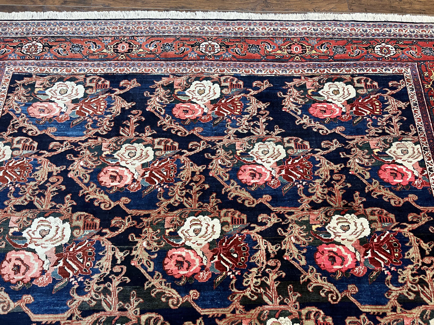 Persian Bidjar Rug 8x11, Floral Bouquets, Blue Black Red Pink, Handmade Hand Knotted Vintage Semi Antique Oriental Carpet