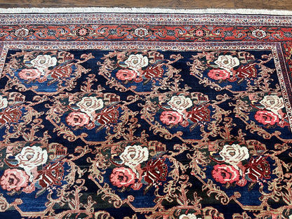Persian Bidjar Rug 8x11, Floral Bouquets, Blue Black Red Pink, Handmade Hand Knotted Vintage Semi Antique Oriental Carpet
