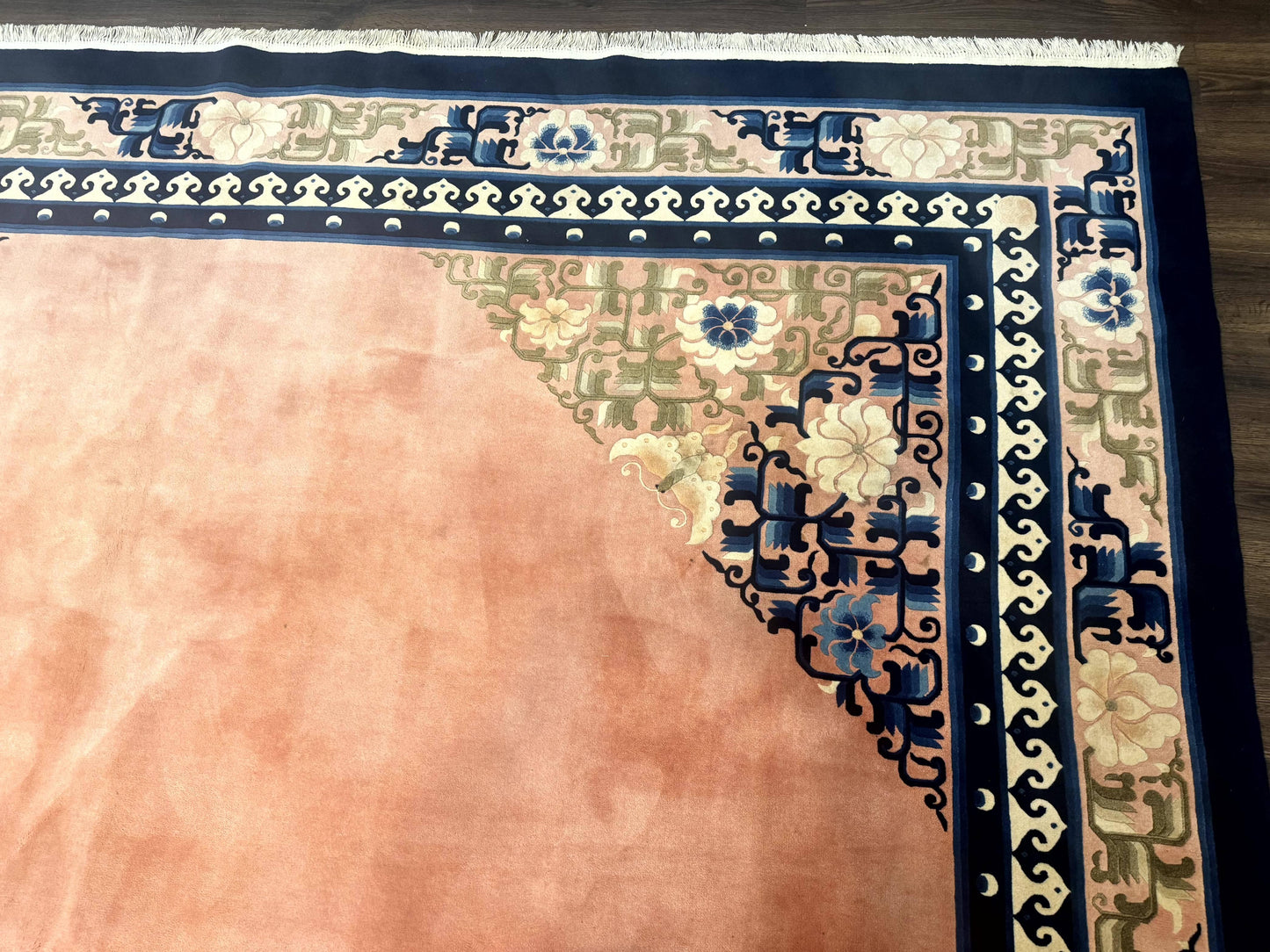 Chinese Wool Rug 11X18 Peking Style Open Field Peach and Blue Art Deco Handmade Carpet