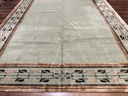 Palace Size Nepali Rug 9x18 Light Mint Green Open Field Wool Hand Knotted Modern Contemporary