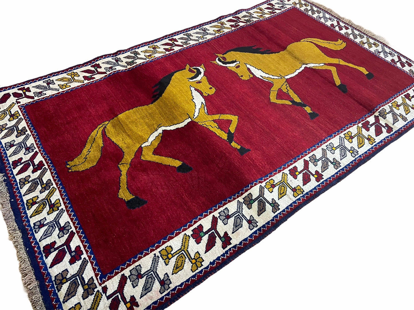 Handmade Hand Knotted Wool Rug Gabbeh 4x7 Horses Zagros Red Mustard Gold New