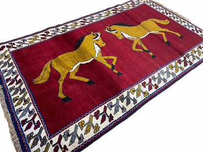 Handmade Hand Knotted Wool Rug Gabbeh 4x7 Horses Zagros Red Mustard Gold New