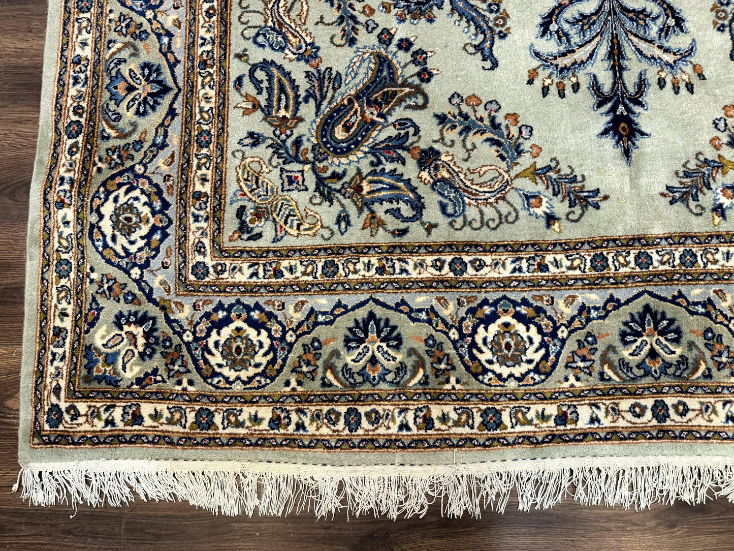 Persian Kashan Rug 7x10 Handmade Wool Light Green Blue Vintage Carpet