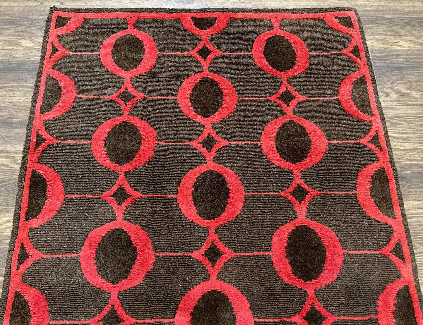 Modern Tibetan Rug 3.8 x 5.7, Raspberry Red and Dark Brown, Abstract Circle Design, Hand Knotted, Soft Wool Handmade Tibet Nepali Carpet 4x6