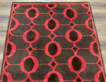 Modern Tibetan Rug 3.8 x 5.7, Raspberry Red and Dark Brown, Abstract Circle Design, Hand Knotted, Soft Wool Handmade Tibet Nepali Carpet 4x6