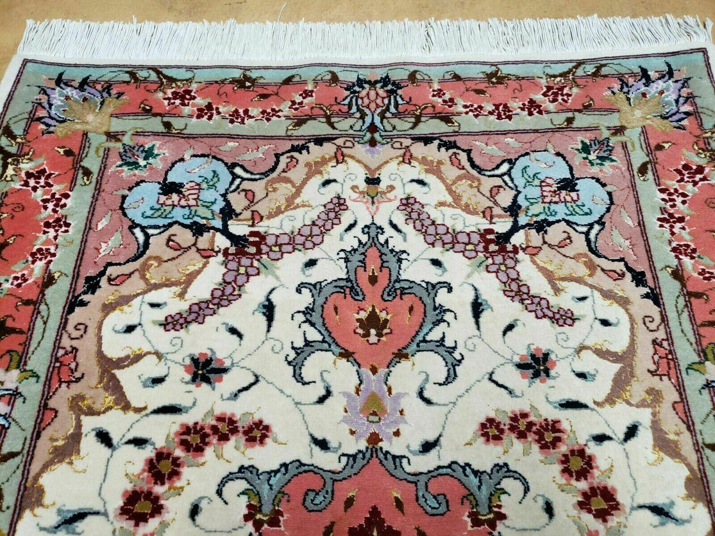 Vintage Persian Tabriz Wool Silk Rug Hand Knotted Medallion Ivory Salmon Light Blue