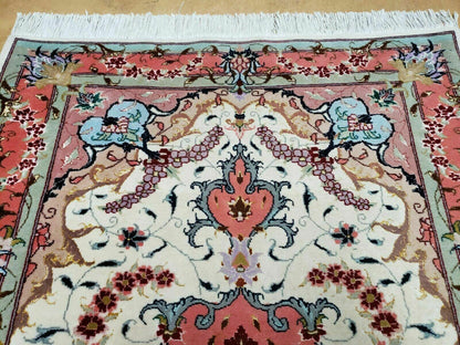 Vintage Persian Tabriz Wool Silk Rug Hand Knotted Medallion Ivory Salmon Light Blue