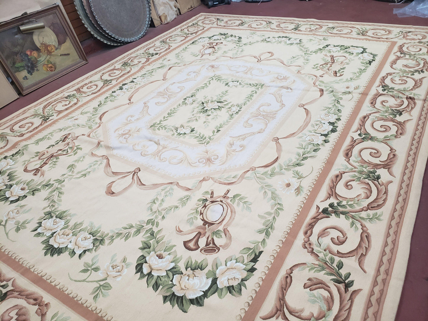 Elegant Aubusson Rug 10 x 14, Cream and Ivory Simple Aubusson Floral Carpet, Hand-Woven, European, New Aubusson Rug, Wool Area Rug, Violins