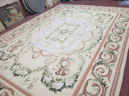 Elegant Aubusson Rug 10 x 14, Cream and Ivory Simple Aubusson Floral Carpet, Hand-Woven, European, New Aubusson Rug, Wool Area Rug, Violins
