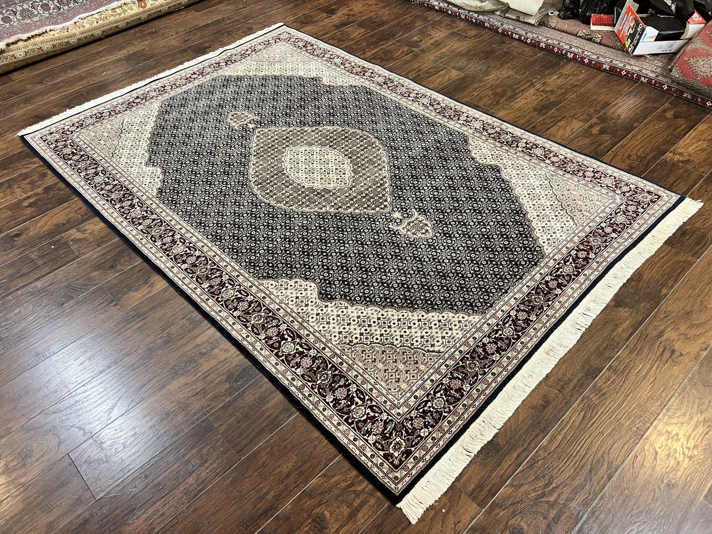 Sino Persian Rug 6x9, Herati Pattern, Vintage Handmade Hand Knotted Wool Oriental Carpet, Fine 6 x 9 Rug, Traditional Rug, Dark Blue Rug