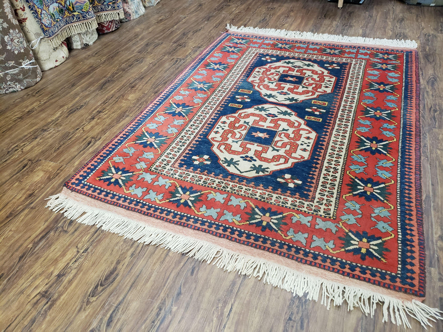 Turkish Kazak Rug 5x6 Vintage Handmade Wool Carpet With Geometric Blue Red Design