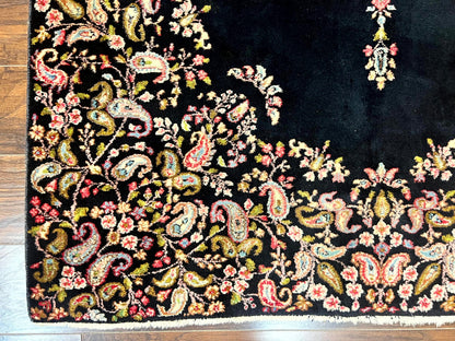 Antique Persian Kirman Rug 5x8, Floral Kirman, Midnight Blue/Black, Semi Open Field, Handmade Vintage Wool Carpet