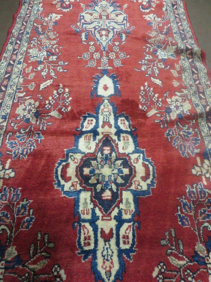 Persian Runner Rug 3 x 12, Antique Wool Oriental Runner, Floral Vases, Red & Navy Blue