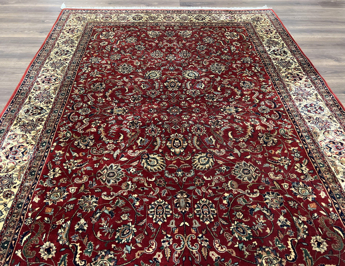 Vintage Indo Persian Rug 6x9, Very Finely Hand-Knotted Carpet 6 x 9 Red Cream Indian Oriental Carpet, Traditional Floral Wool Area Rug 1970s