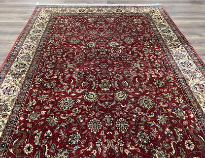 Vintage Indo Persian Rug 6x9, Very Finely Hand-Knotted Carpet 6 x 9 Red Cream Indian Oriental Carpet, Traditional Floral Wool Area Rug 1970s
