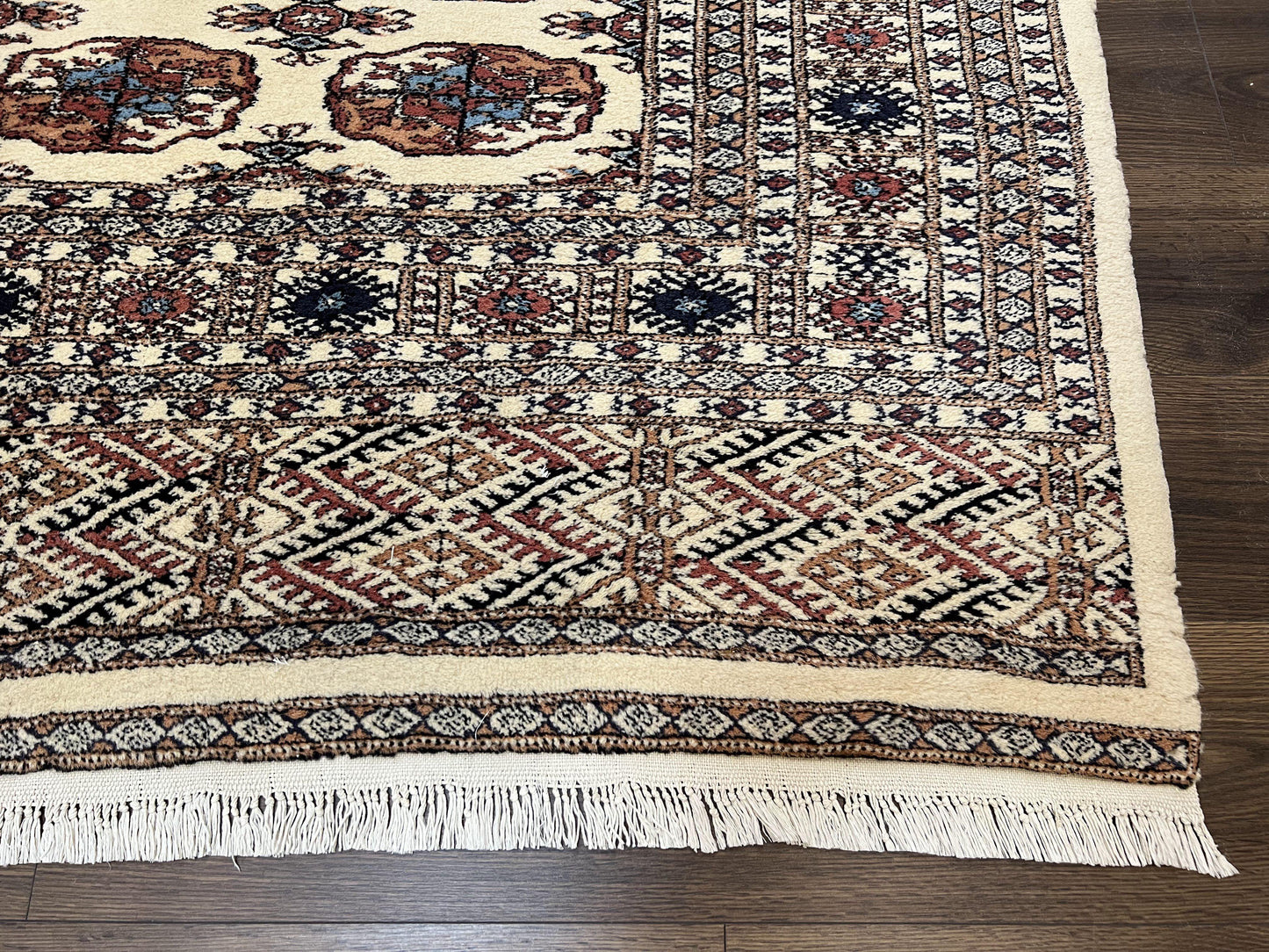 Pakistani Bokhara Rug 8x10, Traditional Turkoman Tribal Carpet, Allover Repeated Elephant Foot Motif, Ivory/Cream Black Red, Vintage Handmade