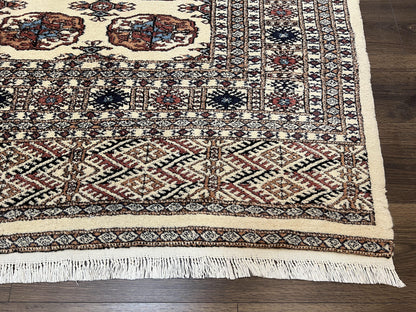 Pakistani Bokhara Rug 8x10, Traditional Turkoman Tribal Carpet, Allover Repeated Elephant Foot Motif, Ivory/Cream Black Red, Vintage Handmade