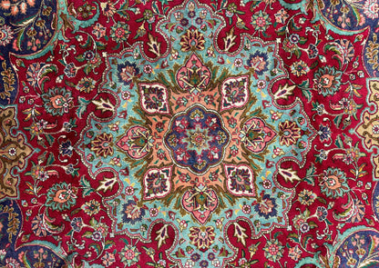 Wonderful Persian Tabriz Rug 10x14, Antique Persian Carpet, Handmade Wool Rug, Floral Medallion, Red Navy Blue, Colorful, Large Persian Area Rug