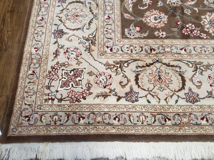 Pak-Persian Vintage Wool Rug 9x12 Hand-Knotted Spice Brown Ivory Traditional Oriental Carpet