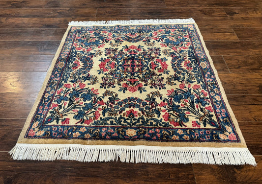 Persian Kerman Rug 4x4 Square Ivory Blue Pink Handmade 225 KPSI