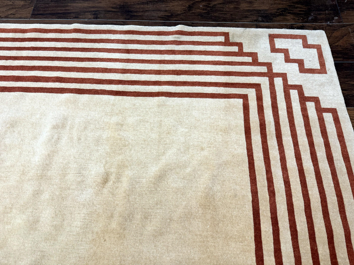 Modern Tibetan Rug 11 x 14.6, Wool and Silk, Simple Design, Handmade Large Area Rug, Cream