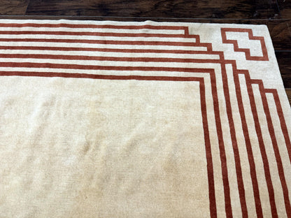 Modern Tibetan Rug 11 x 14.6, Wool and Silk, Simple Design, Handmade Large Area Rug, Cream