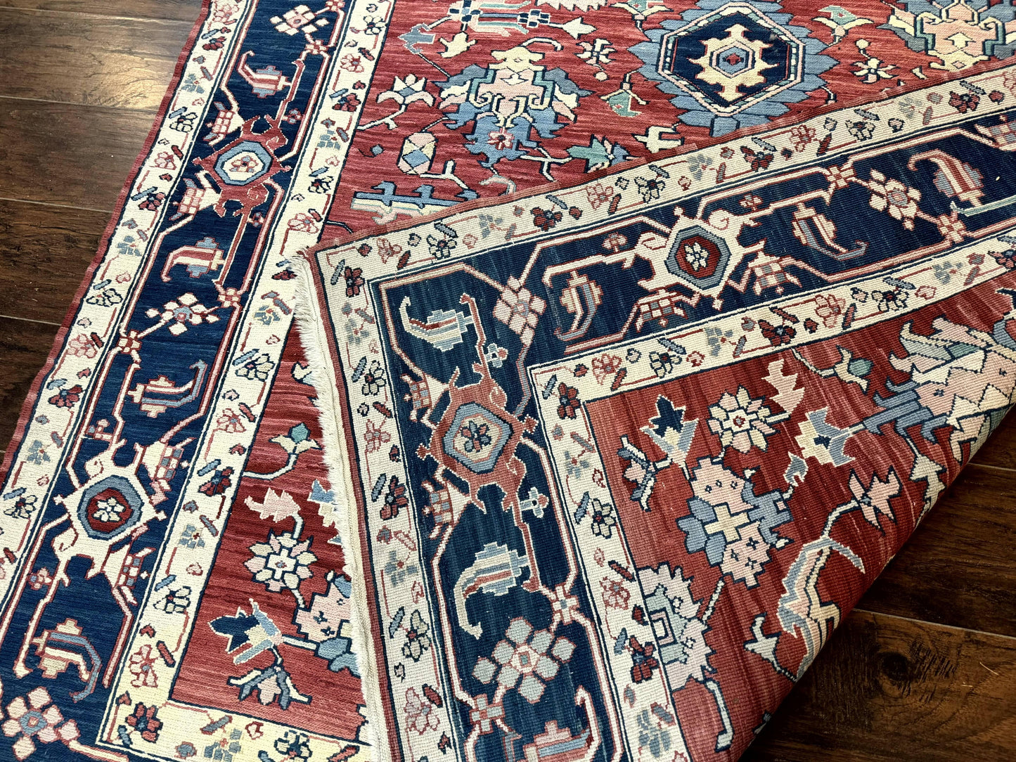 Turkish Flatweave Rug Heriz Design 6x9 Vintage Handknotted Wool Red Blue
