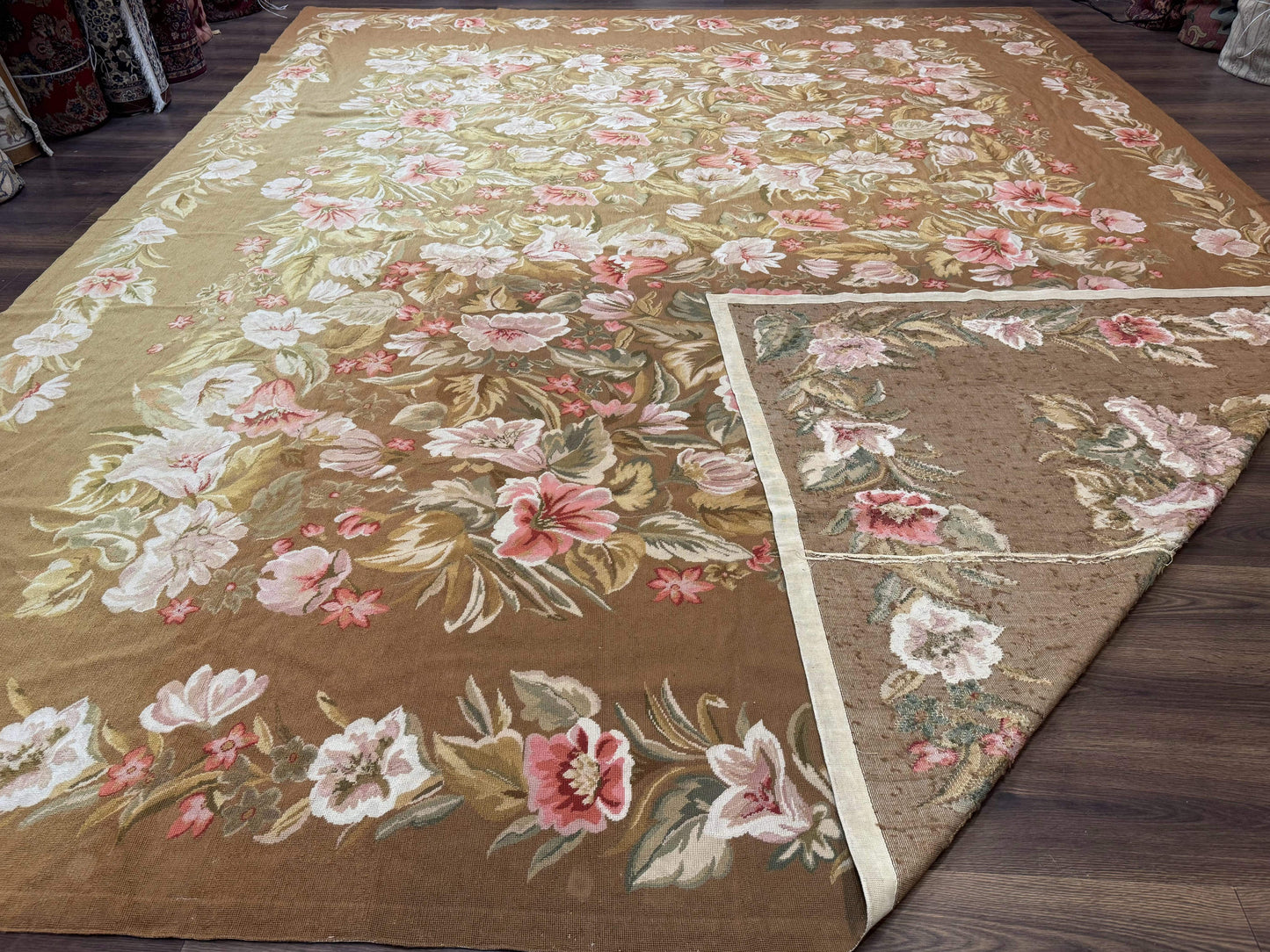 Large Needlepoint Rug 11x14, Vintage Floral Wool Carpet, Caramel