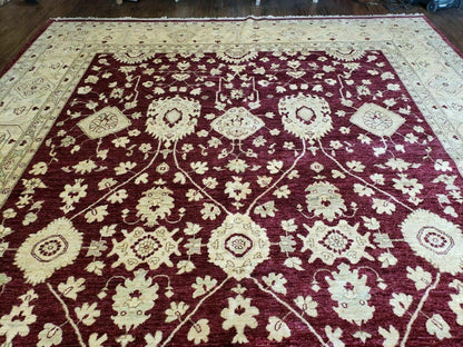 Pakistani Peshawar Rug 10x14, Handmade Chobi Carpet, Maroon & Beige