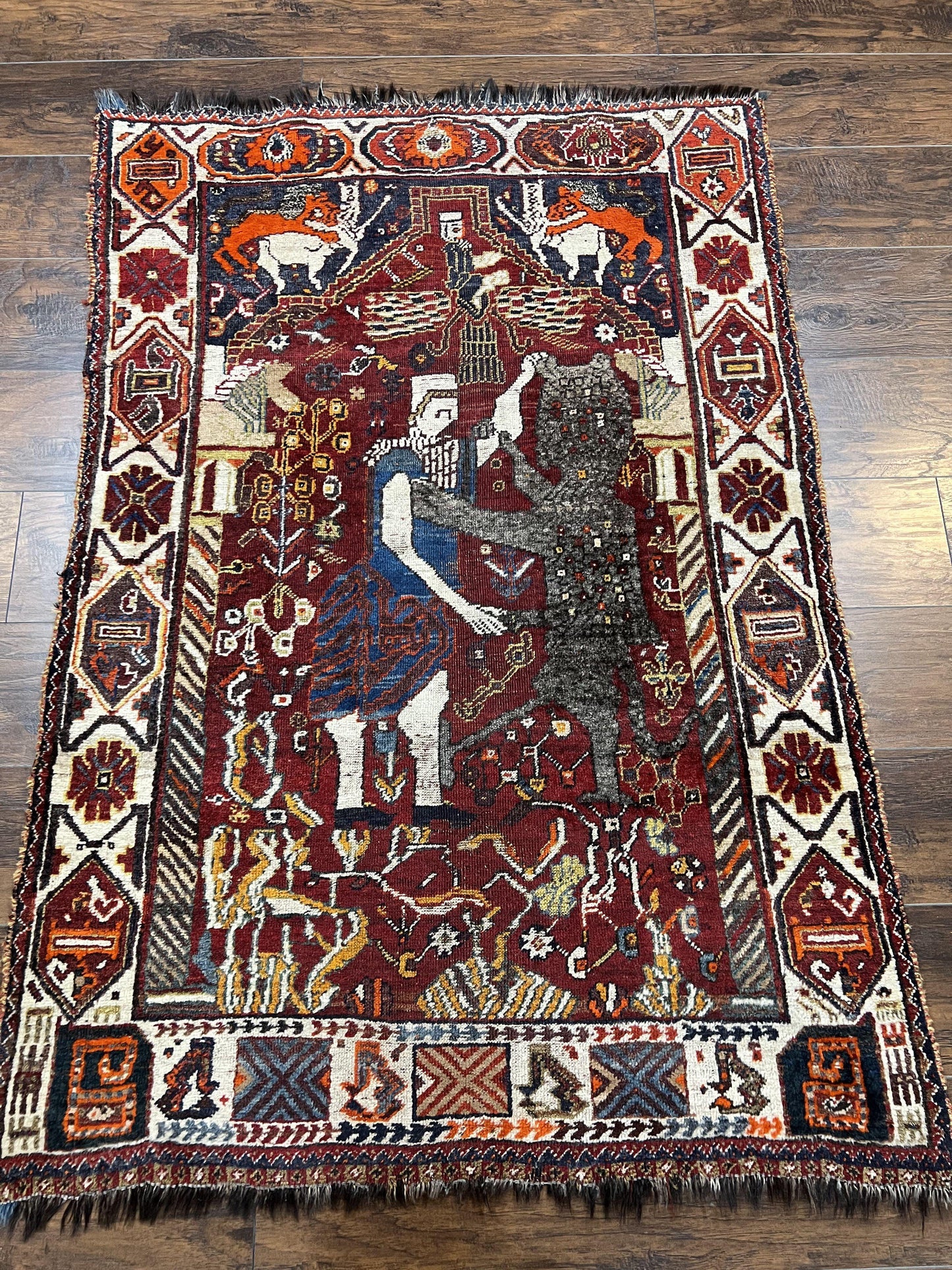 Persian Shiraz Pictorial Rug Antique Handmade Wool Lions Tribal Rug 3.6 by 5