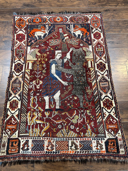 Persian Shiraz Pictorial Rug Antique Handmade Wool Lions Tribal Rug 3.6 by 5