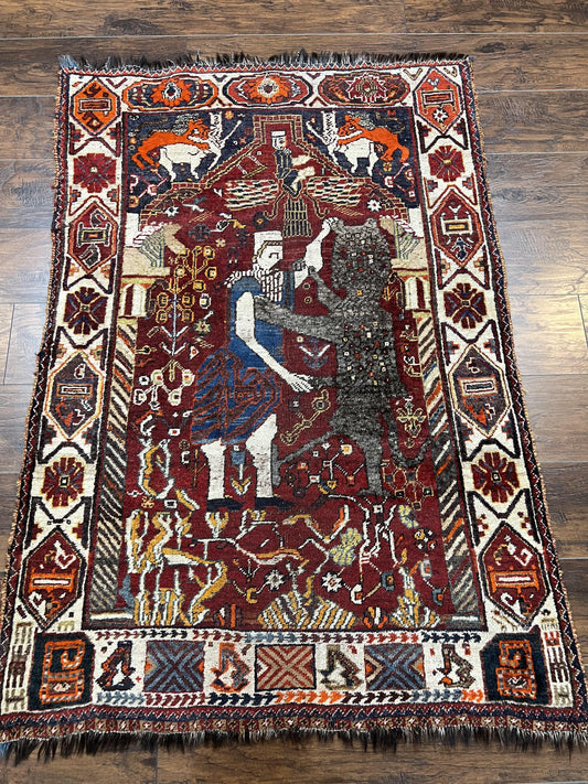 Persian Shiraz Pictorial Rug Antique Handmade Wool Lions Tribal Rug 3.6 by 5