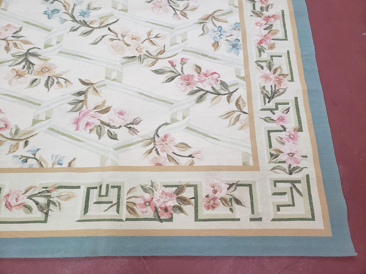 Vintage Aubusson Area Rug, Aubusson Flat weave Carpet, Floral Geometric Pattern, Beige Teal Green, 4x6 Rug, European Design