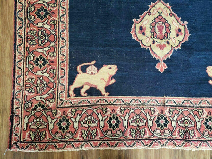 Turkish Ghiordes Wool Rug Antique 4x6 Handmade Lions Pattern With Vegetable Dyes