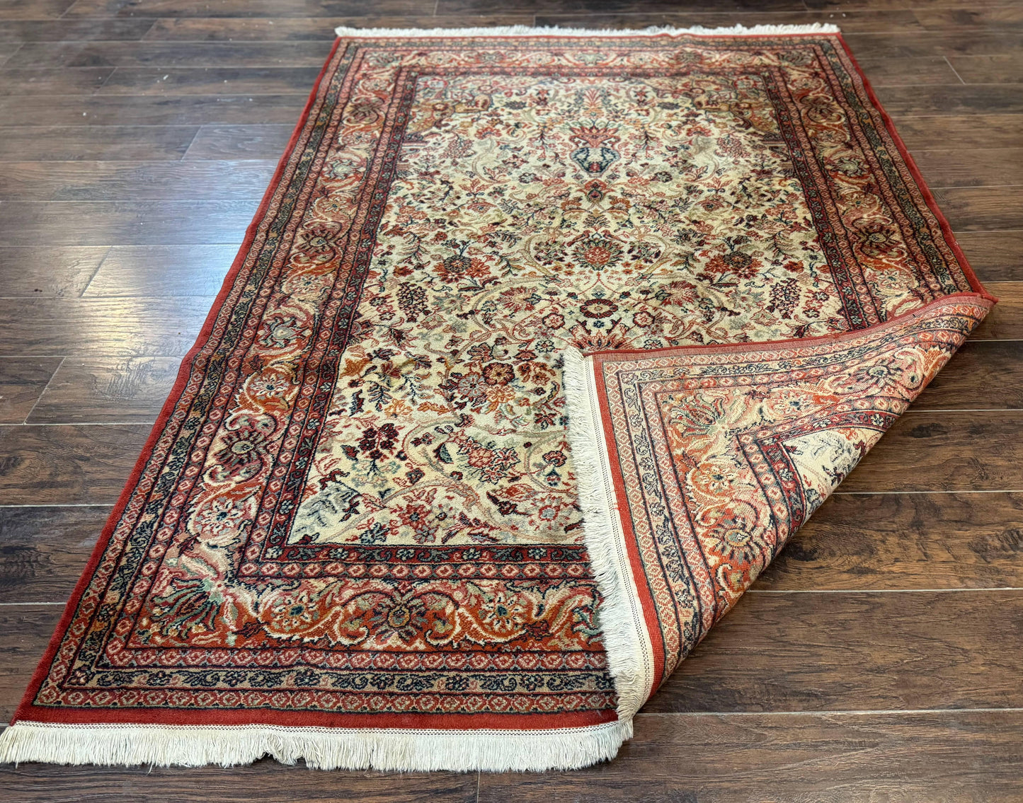 Antique Persian Rug 5x7 Allover Floral With Vases Beige Red Belgian Power Loomed Wool