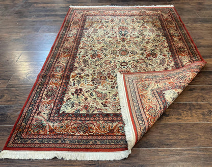 Antique Persian Rug 5x7 Allover Floral With Vases Beige Red Belgian Power Loomed Wool