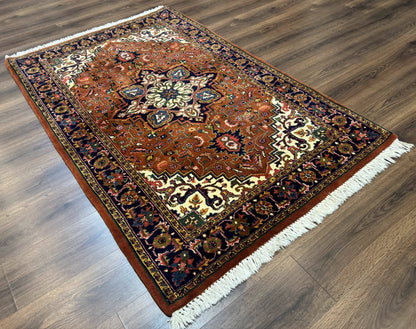 Indo Persian Heriz Rug 4x6 Handmade Wool Vintage Rust Red Navy Cream