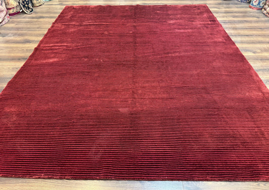 Handmade Tibetan Rug 8x10 Wool Stripe Red Thick Pile Carpet