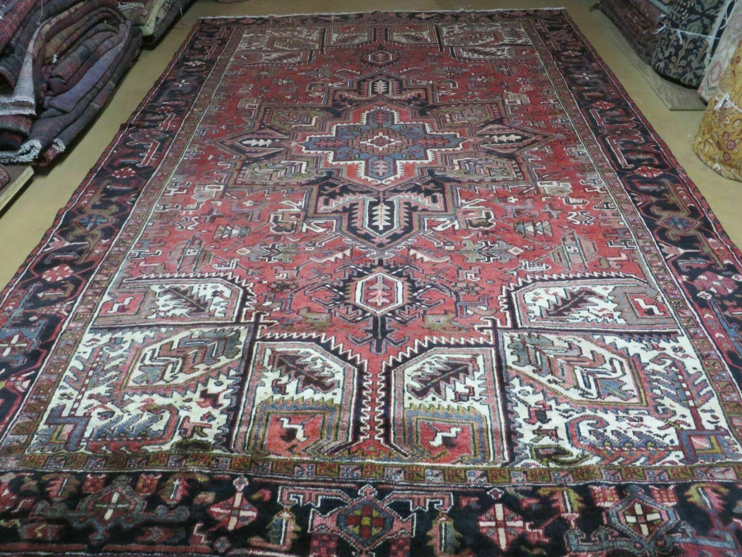 Persian Heriz Rug 8x12 Hand Knotted Wool Geometric Medallion Room Size Carpet
