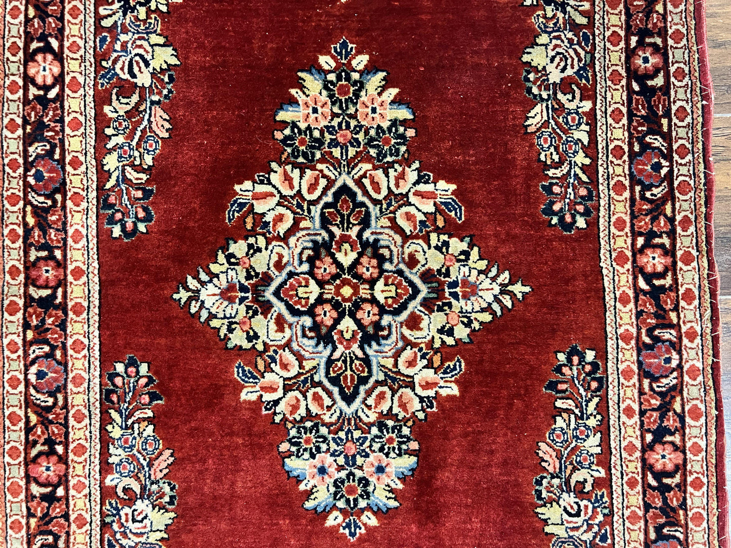 Persian Sarouk Runner Rug 2.7 x 6, Semi Open Field, Red, Handmade Hand Knotted, Wool Oriental Carpet, Vintage Semi Antique