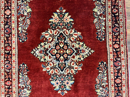 Persian Sarouk Runner Rug 2.7 x 6, Semi Open Field, Red, Handmade Hand Knotted, Wool Oriental Carpet, Vintage Semi Antique