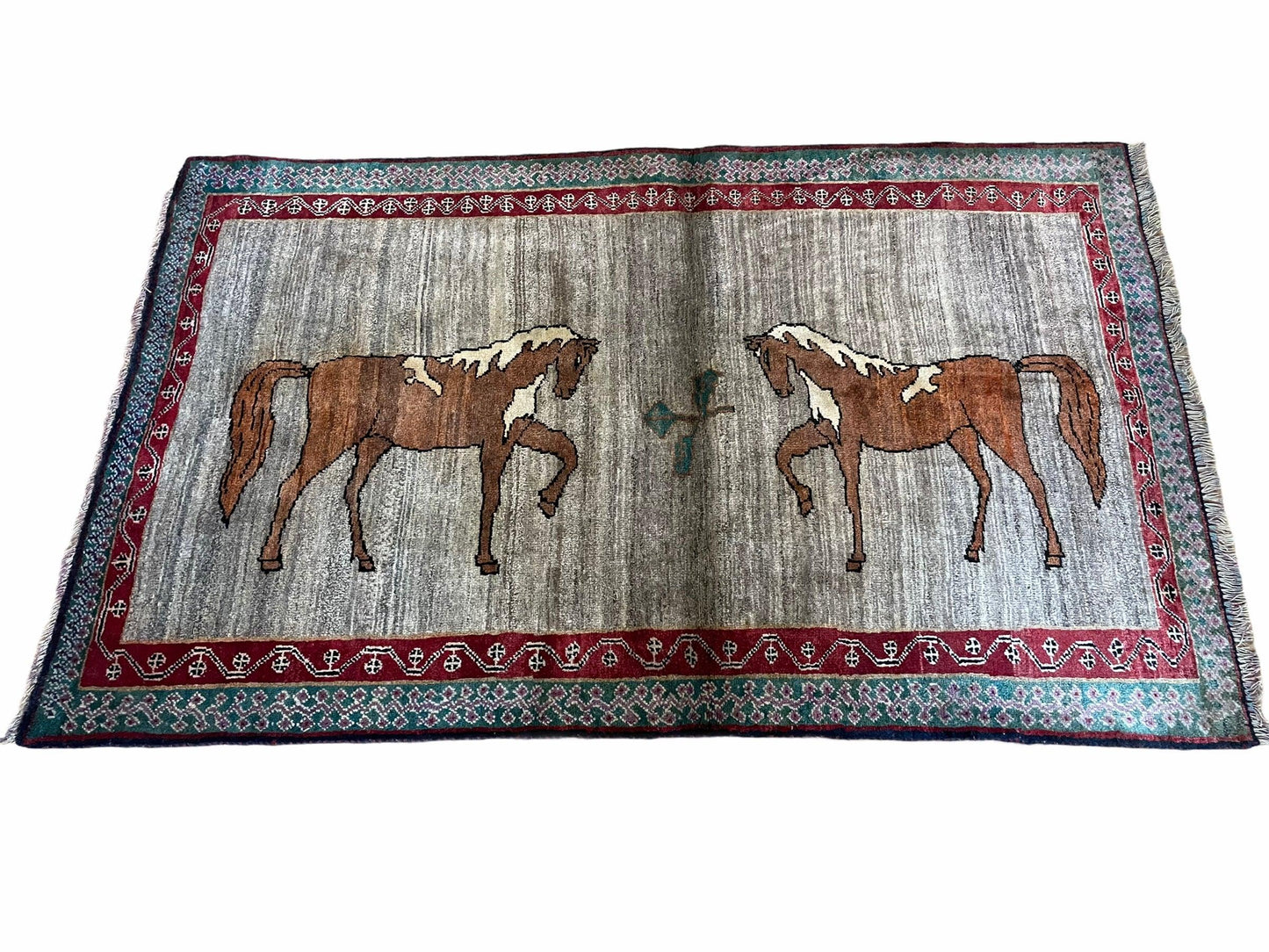Handmade Wool Rug 4x6 Vintage Zagros Horses Pictorial Area Rug