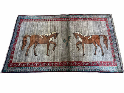Handmade Wool Rug 4x6 Vintage Zagros Horses Pictorial Area Rug