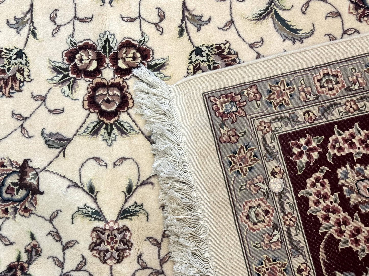 Sino Persian Rug 9x12 Hand Knotted Wool Silk Highlights Floral Allover Ivory And Dark Maroon